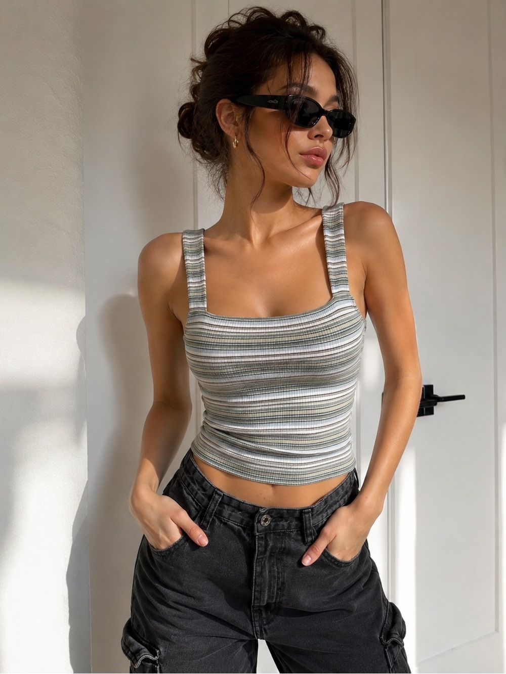 Striped Ribbed Crop Tank Top | Sage Green & White | Y2K Casual